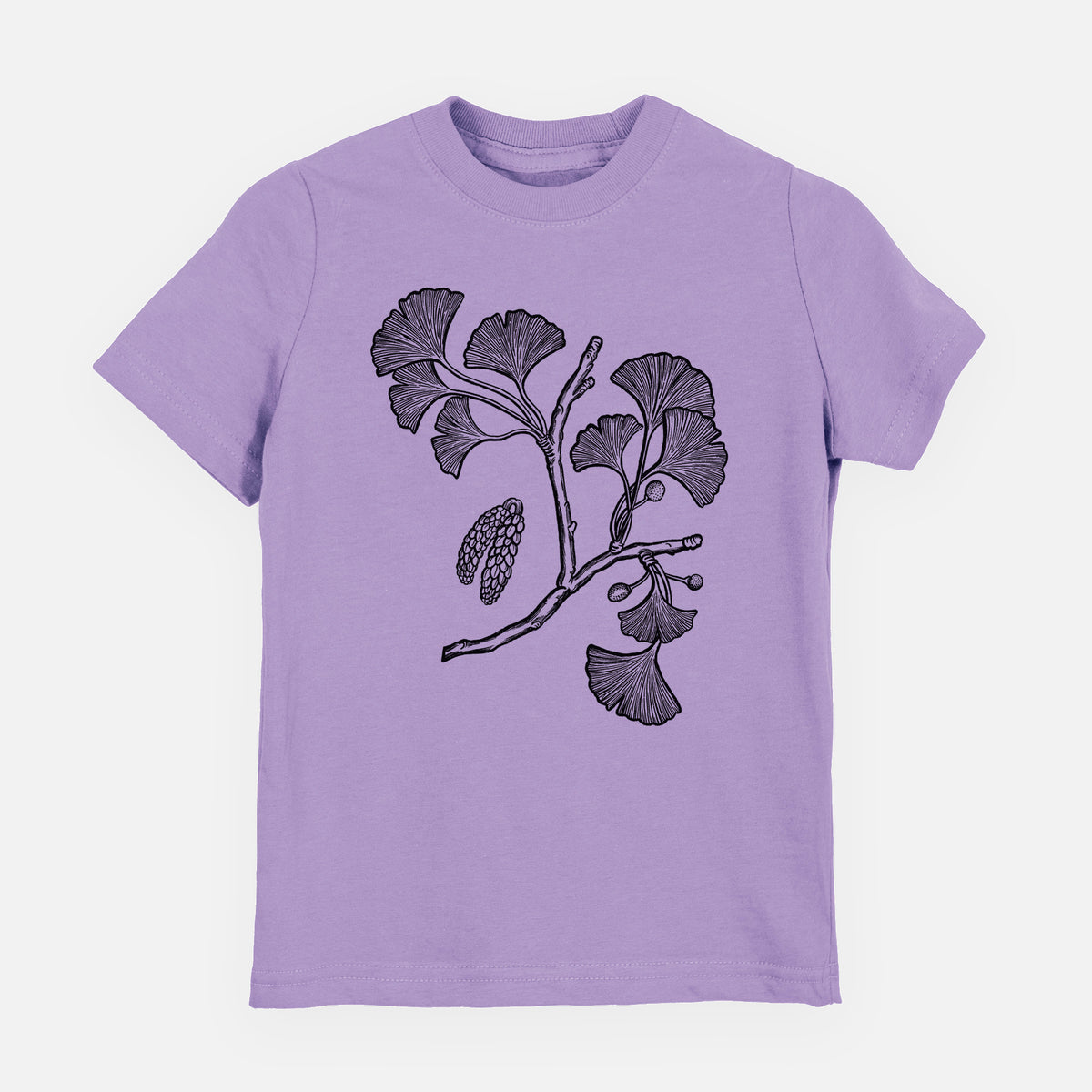 Lavender youth t-shirt laid flat, printed with a black ink illustration of a ginkgo branch with fan-shaped leaves.