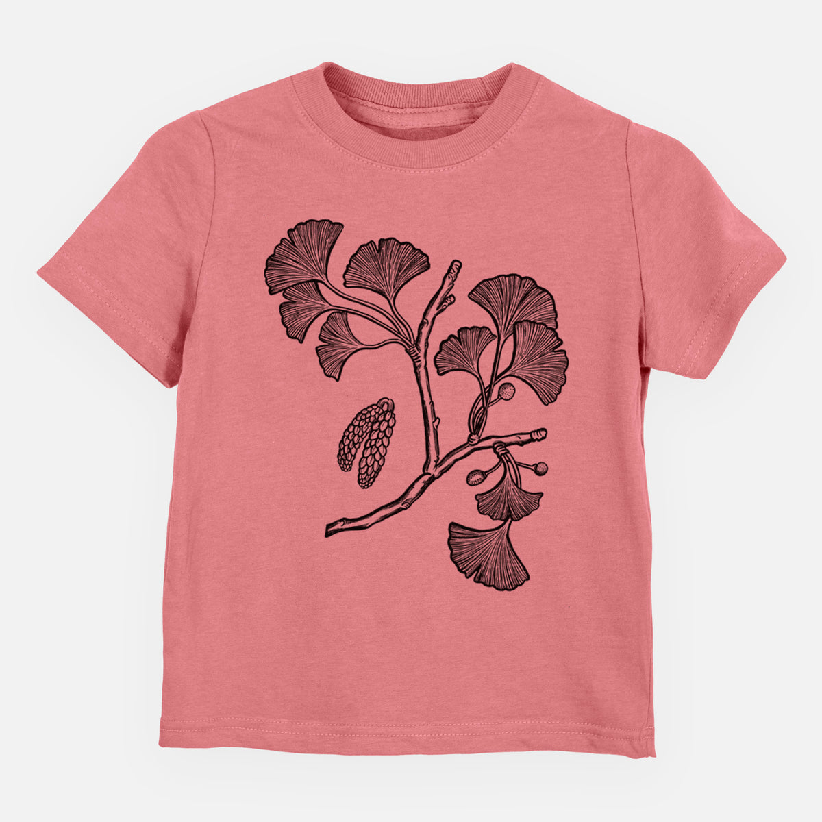 Mauve pink toddler t-shirt laid flat, printed with a black ink illustration of a ginkgo branch with fan-shaped leaves.