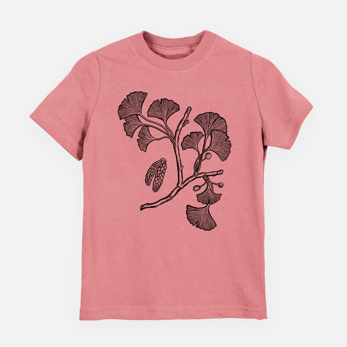 Mauve pink youth t-shirt laid flat, printed with a black ink illustration of a ginkgo branch with fan-shaped leaves.