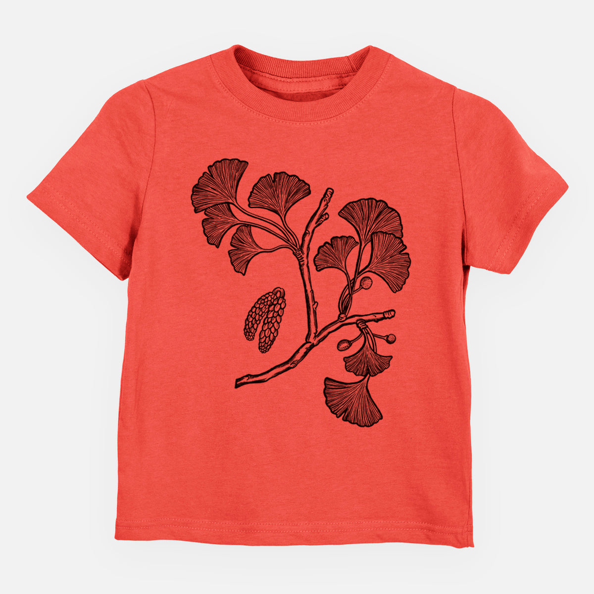 Passionfruit pink toddler t-shirt laid flat, printed with a black ink illustration of a ginkgo branch with fan-shaped leaves.