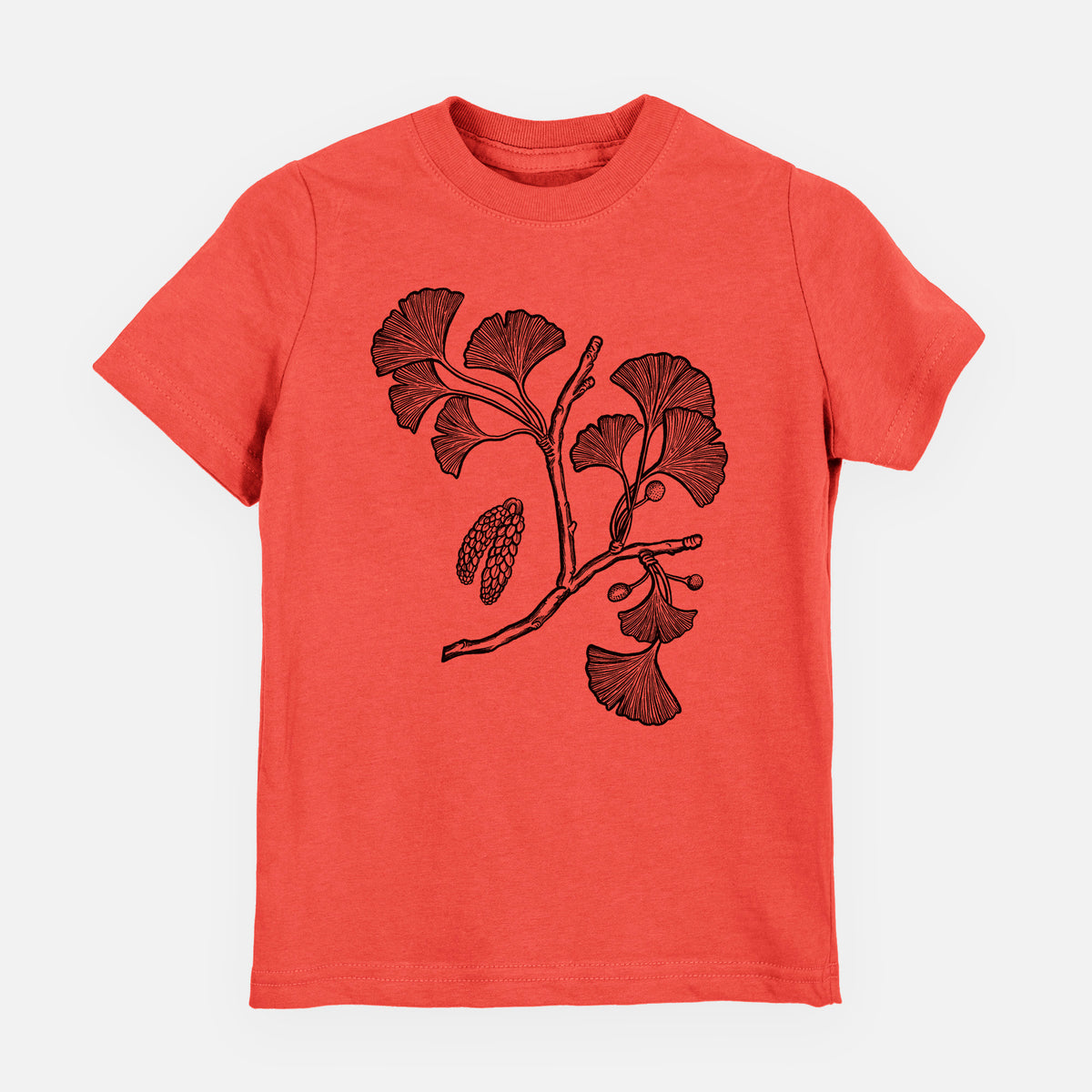 Passionfruit pink youth t-shirt laid flat, printed with a black ink illustration of a ginkgo branch with fan-shaped leaves.