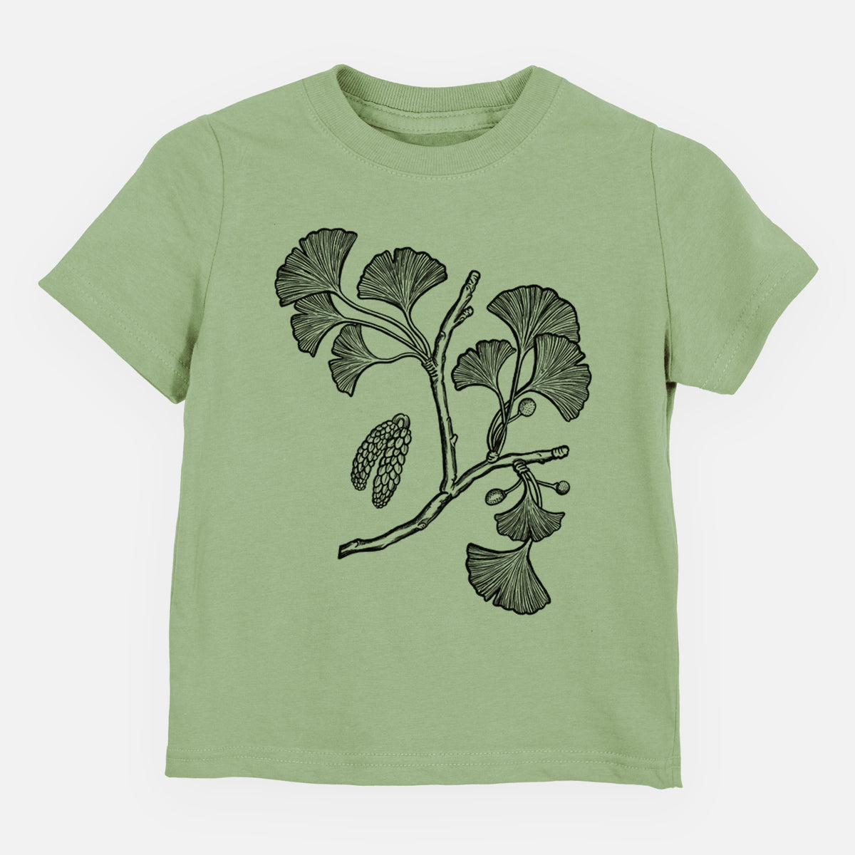 Sage green toddler t-shirt laid flat, printed with a black ink illustration of a ginkgo branch with fan-shaped leaves.