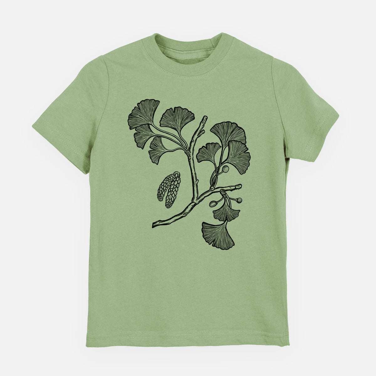 Sage green youth t-shirt laid flat, printed with a black ink illustration of a ginkgo branch with fan-shaped leaves.