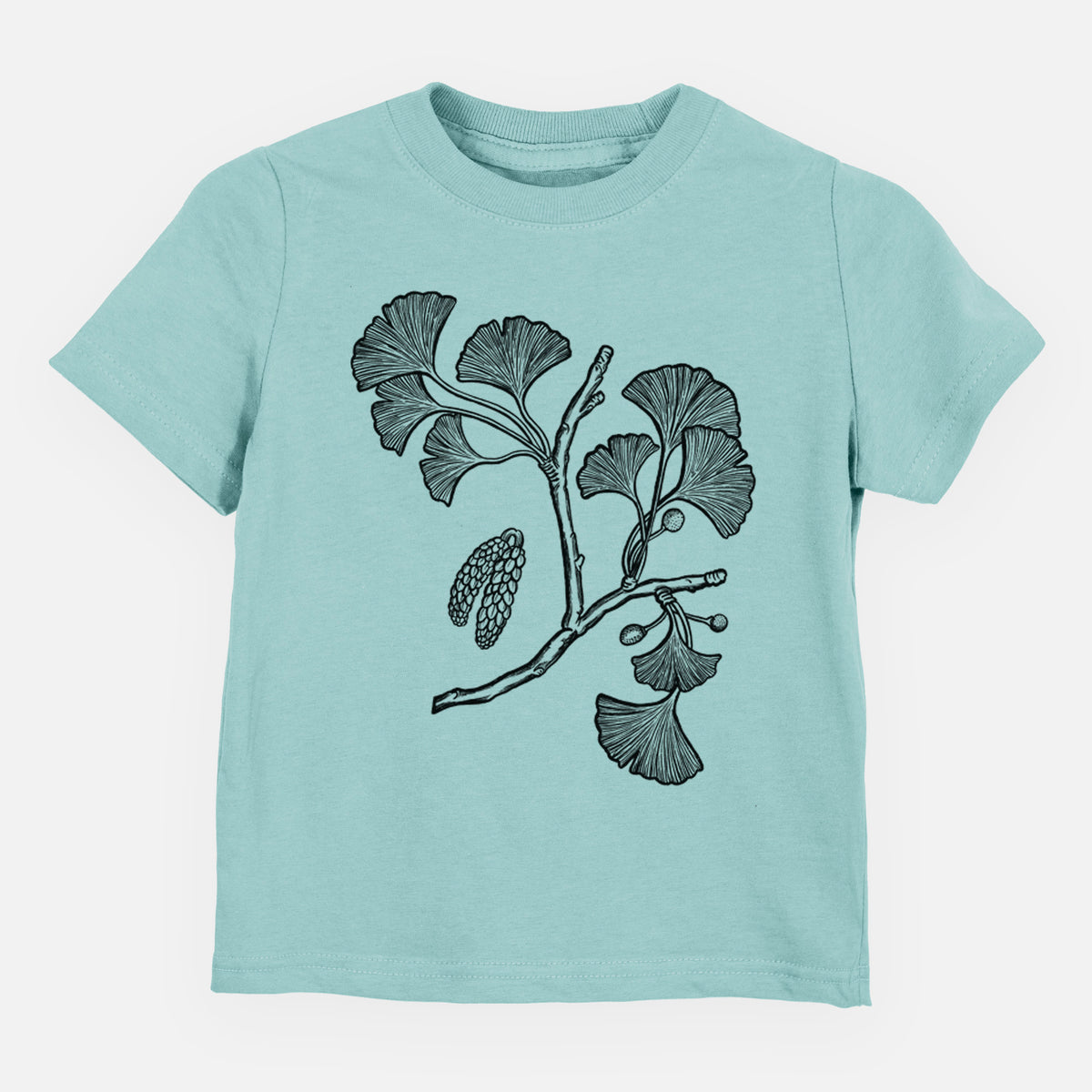 Saltwater toddler t-shirt laid flat, printed with a black ink illustration of a ginkgo branch with fan-shaped leaves.