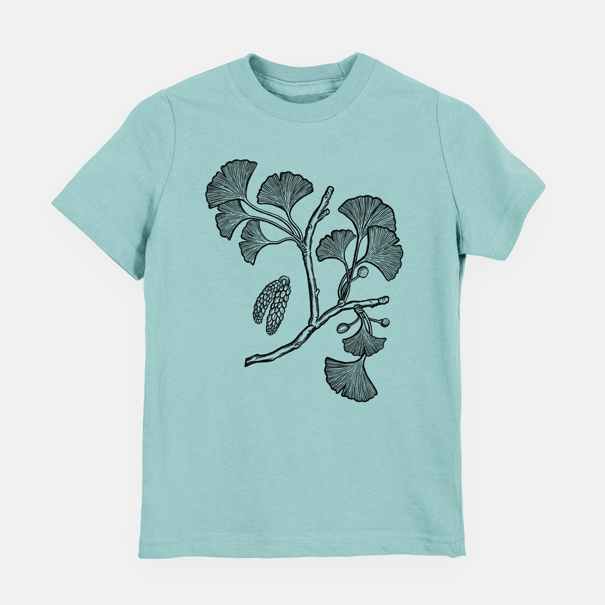 Saltwater youth t-shirt laid flat, printed with a black ink illustration of a ginkgo branch with fan-shaped leaves.