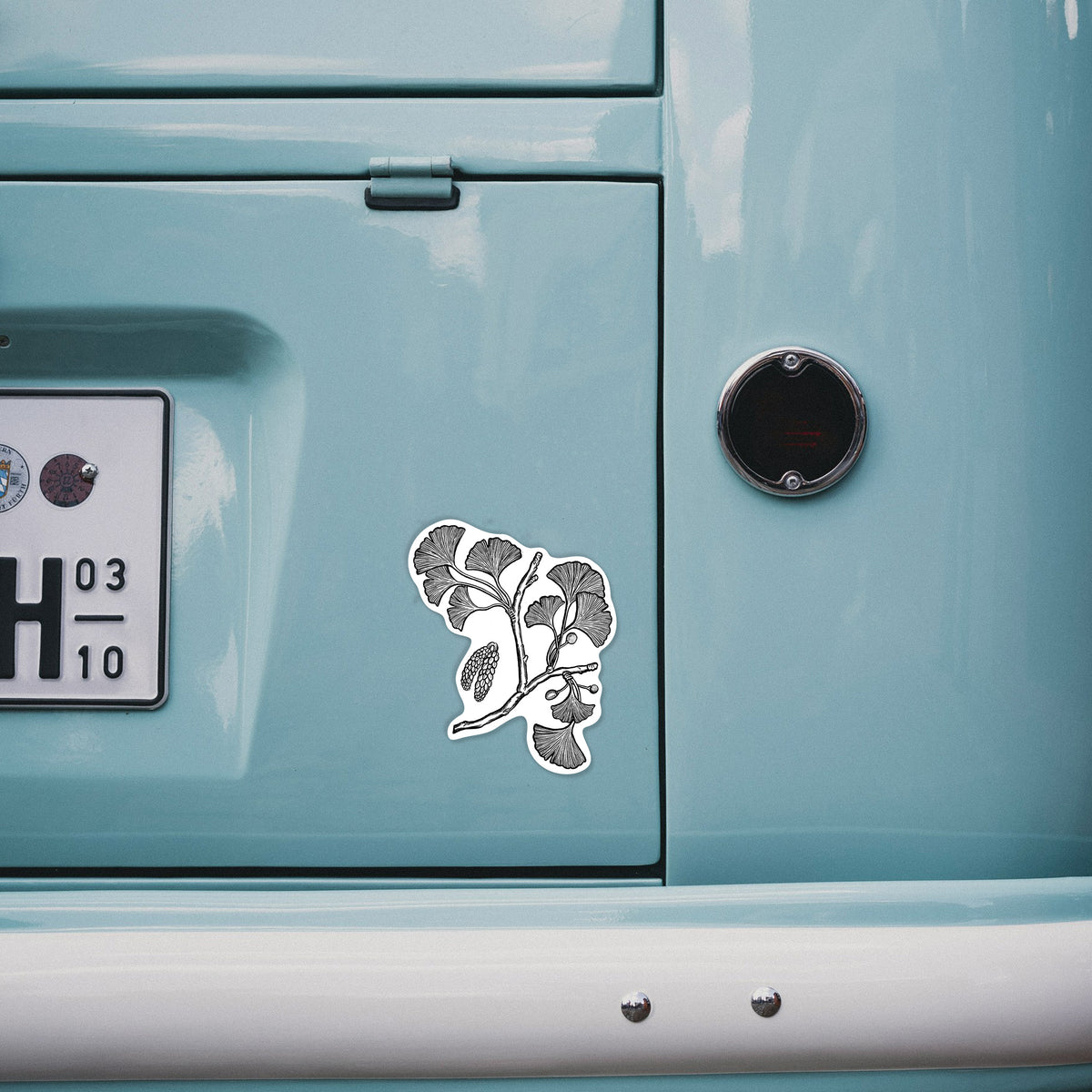 4 inch vinyl decal of a black ink illustration of a ginkgo branch with fan-shaped leaves on the back of a van.