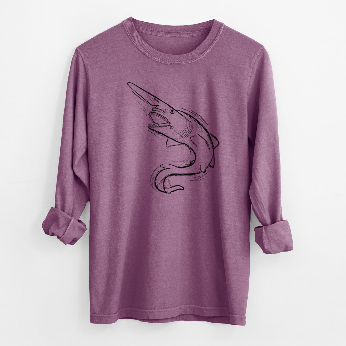 Berry pink Comfort Colors long sleeve shirt laid flat with the cuffs rolled, printed with a black ink illustration of a goblin shark with its long snout, swimming in a curve.