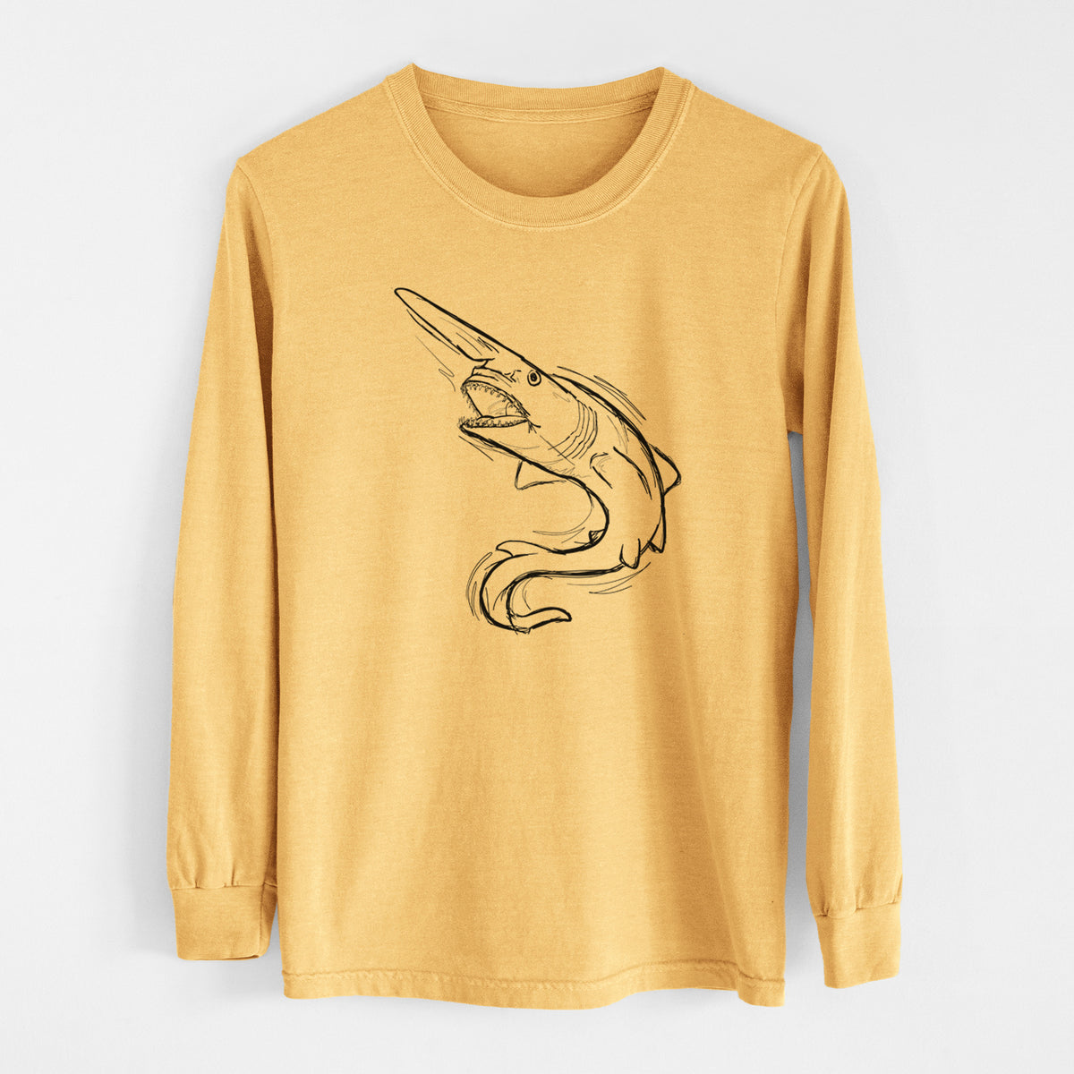 Golden wheat yellow Comfort Colors long sleeve shirt laid flat, printed with a black ink illustration of a goblin shark with its long snout, swimming in a curve.