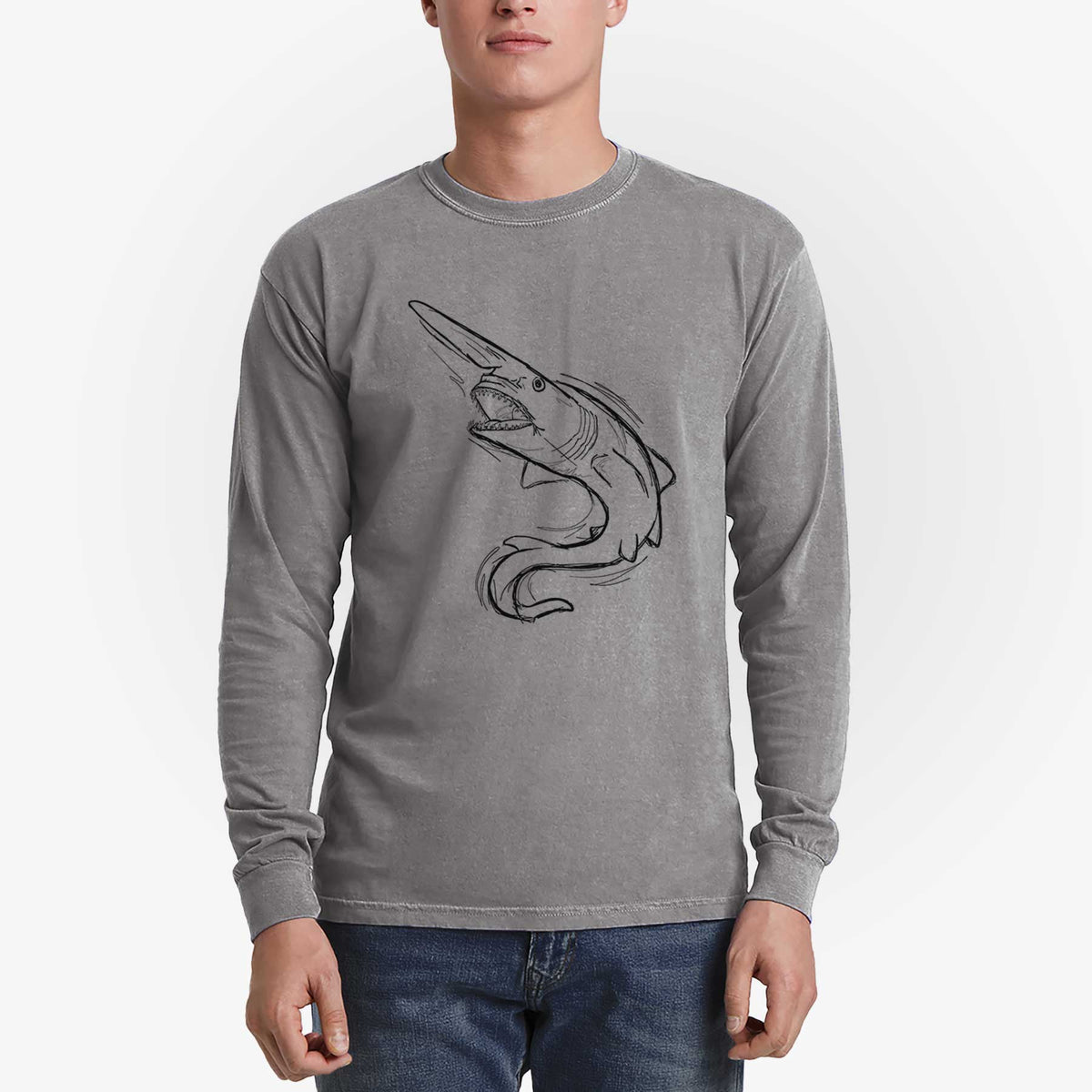 Man wearing a grey Comfort Colors long sleeve shirt printed with a black ink illustration of a goblin shark with its long snout, swimming in a curve.