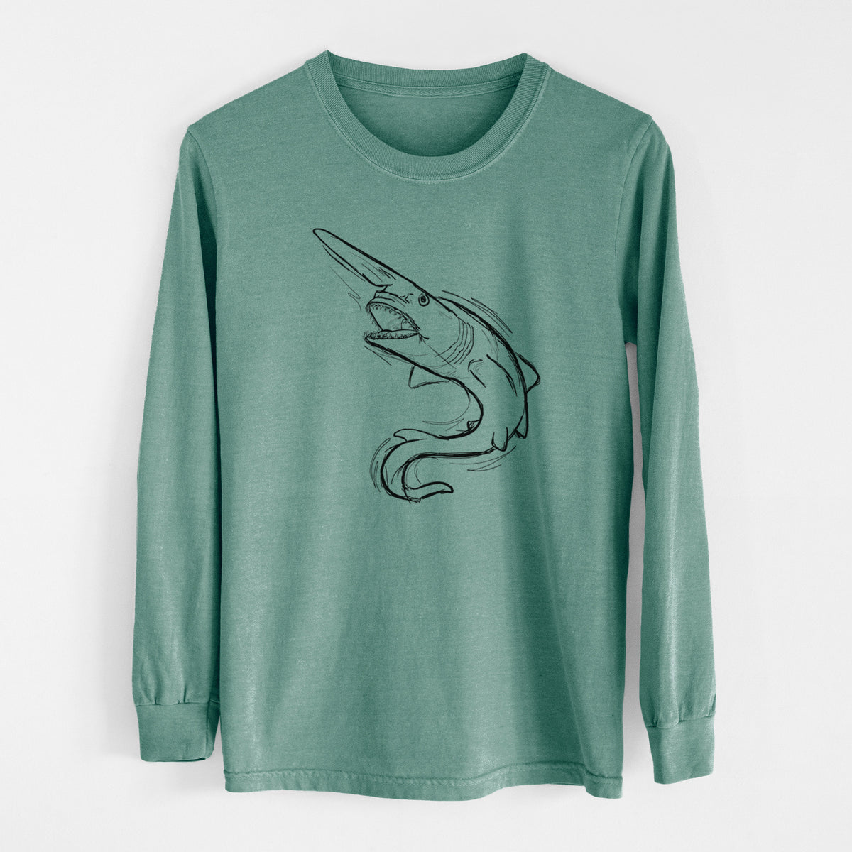 Pine green Comfort Colors long sleeve shirt laid flat, printed with a black ink illustration of a goblin shark with its long snout, swimming in a curve.