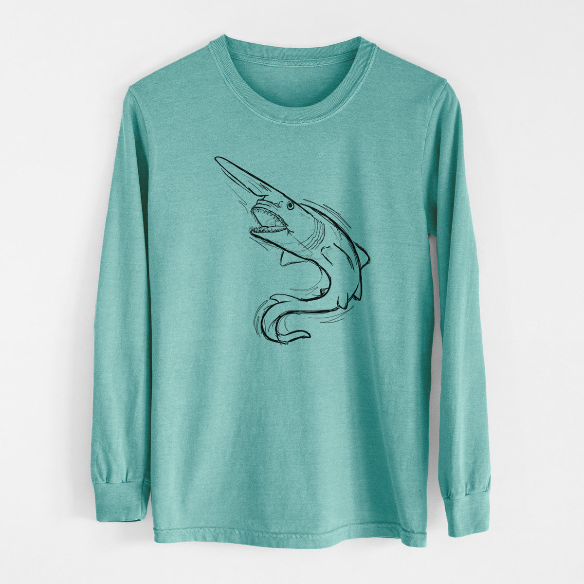 Reef green Comfort Colors long sleeve shirt laid flat, printed with a black ink illustration of a goblin shark with its long snout, swimming in a curve.