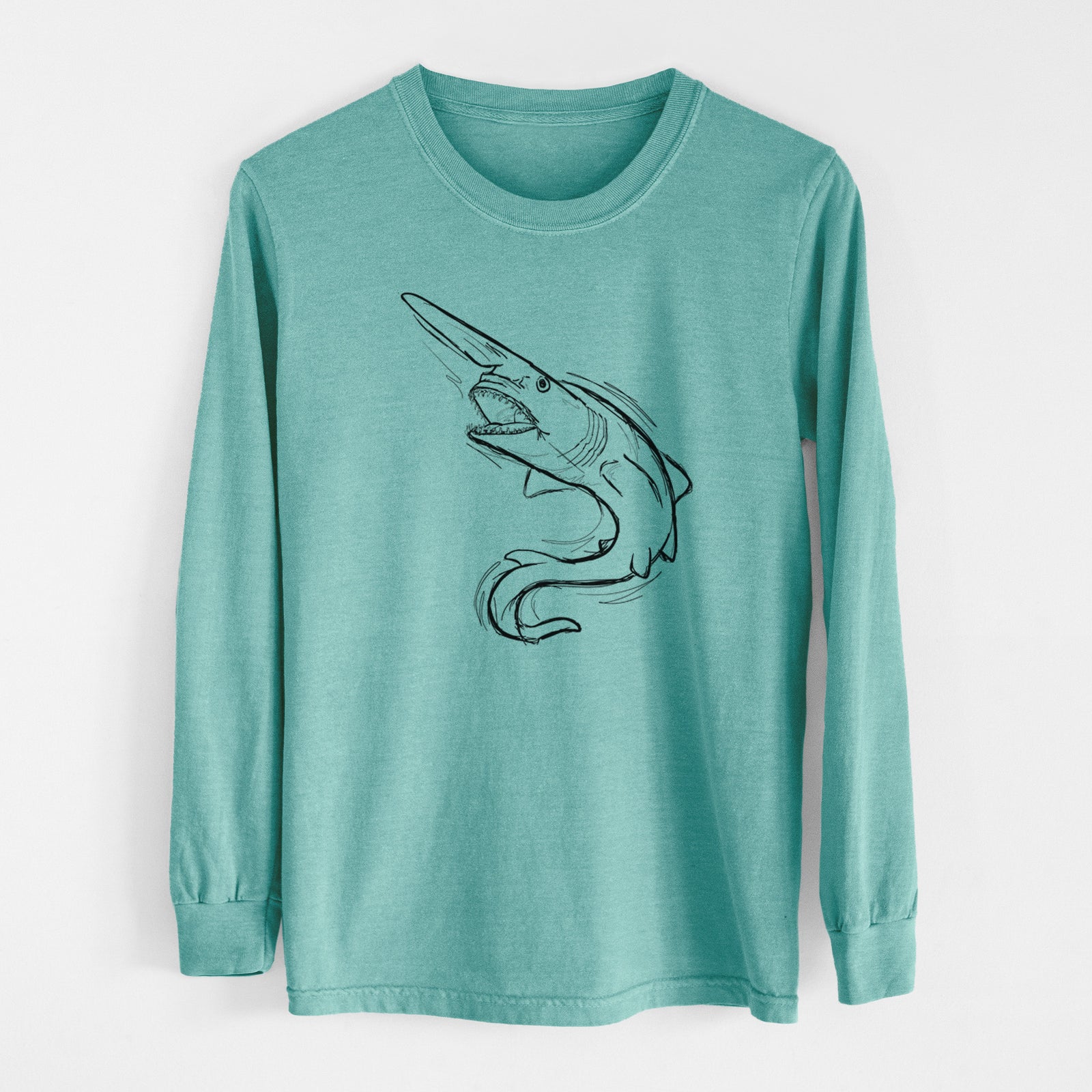 Reef green Comfort Colors long sleeve shirt laid flat, printed with a black ink illustration of a goblin shark with its long snout, swimming in a curve.