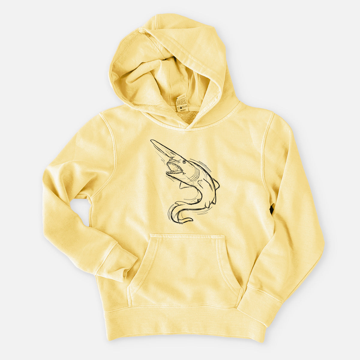 Pigment yellow youth pigment dyed hoodie laid flat, printed with a black ink illustration of a goblin shark with its long snout, swimming in a curve.