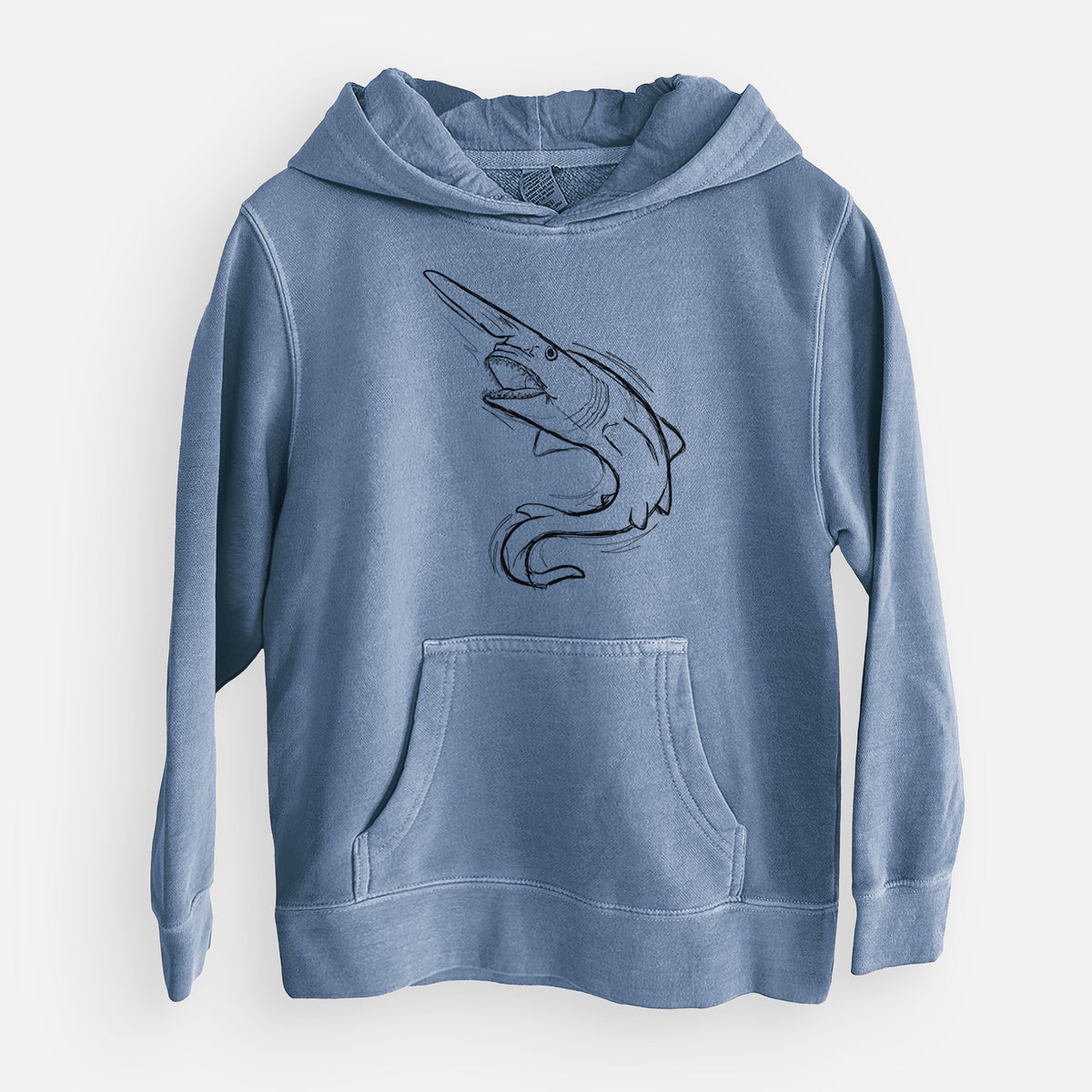 Slate blue youth pigment dyed hoodie laid flat, printed with a black ink illustration of a goblin shark with its long snout, swimming in a curve.