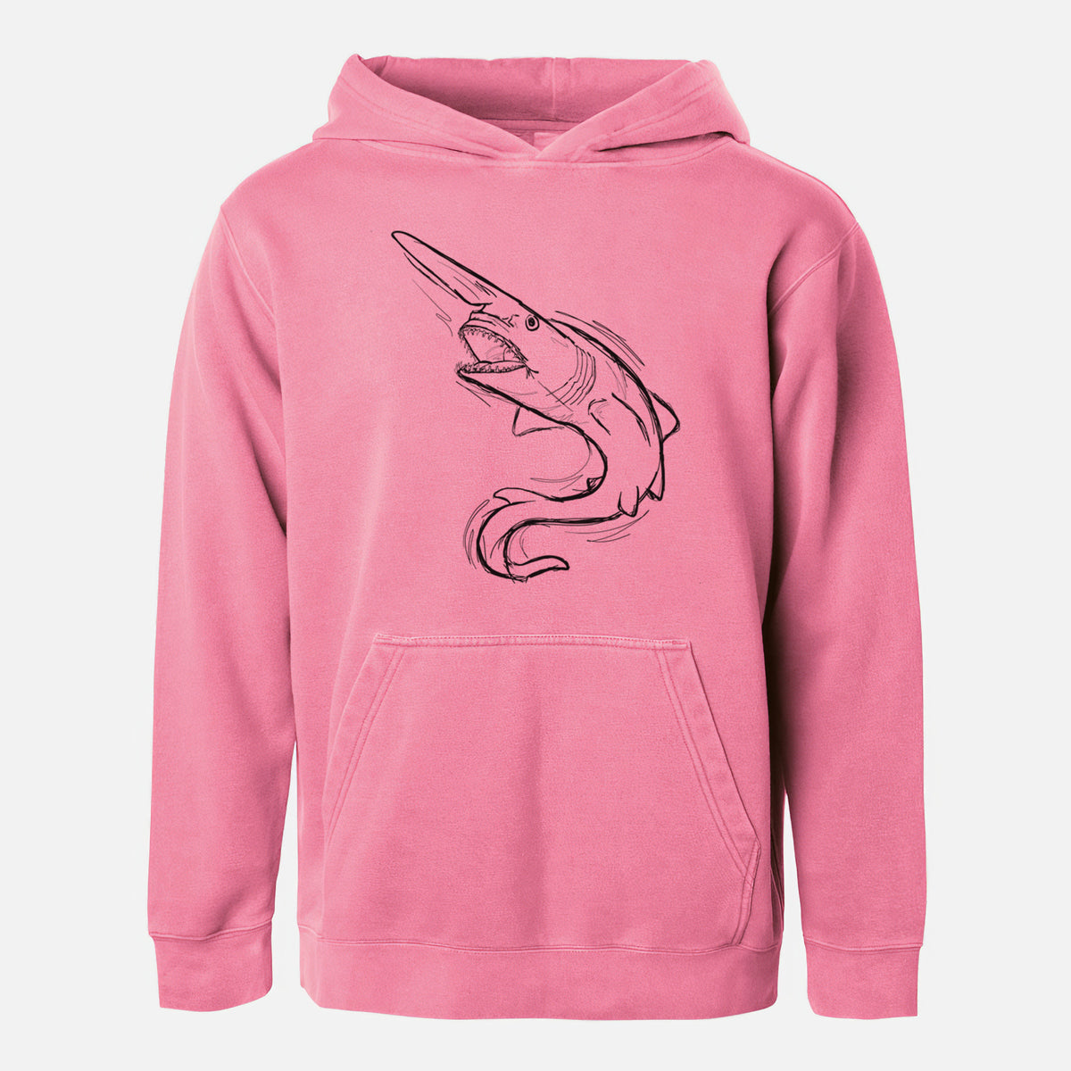 Pigment pink youth pigment dyed hoodie laid flat, printed with a black ink illustration of a goblin shark with its long snout, swimming in a curve.