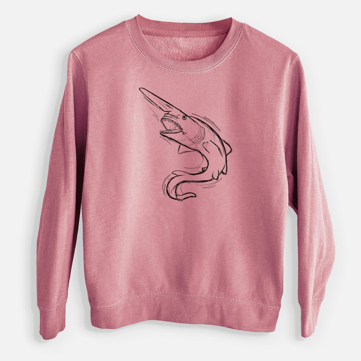 Mauve pink youth crewneck sweatshirt laid flat, printed with a black ink illustration of a goblin shark with its long snout, swimming in a curve.