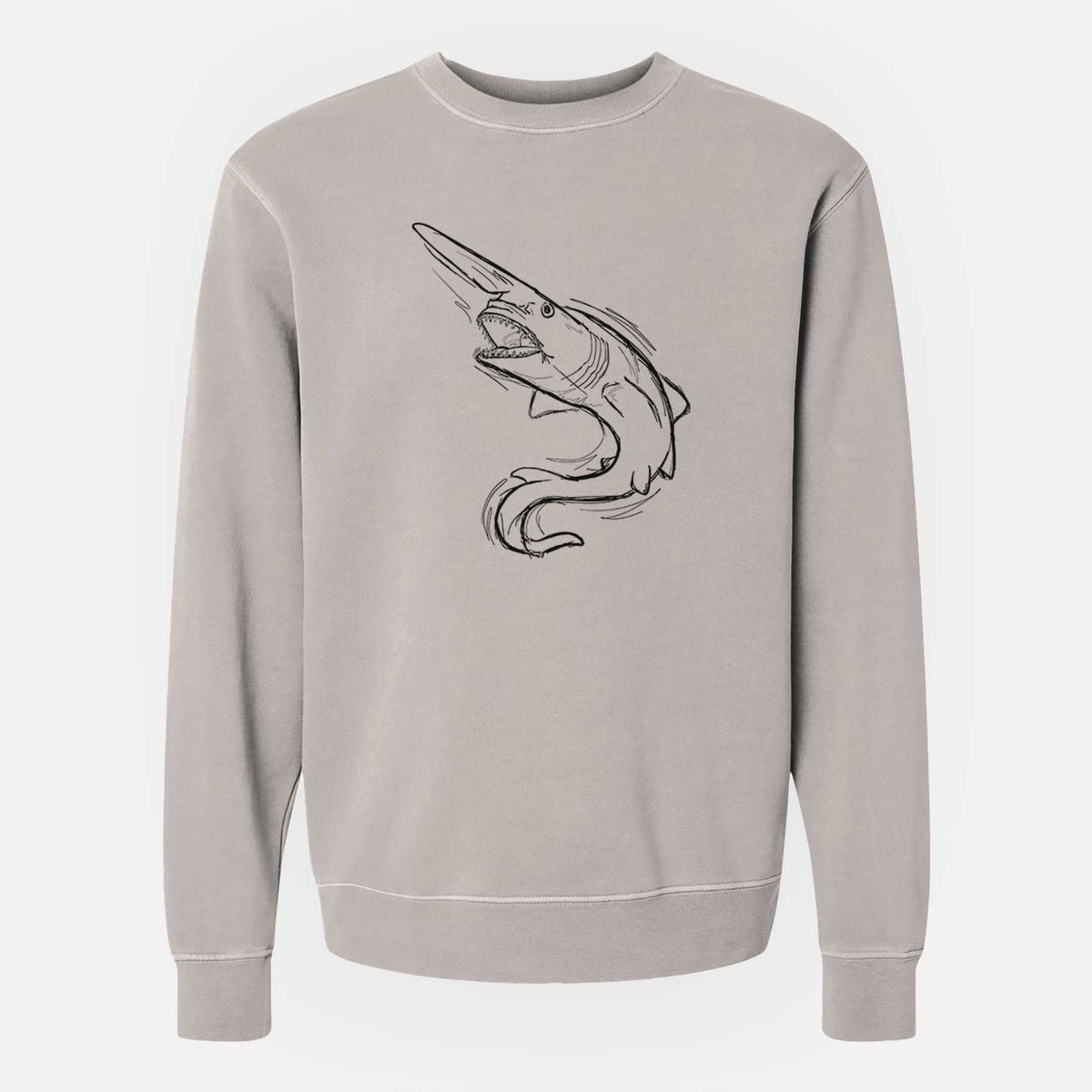 Cement grey pigment dyed crewneck sweatshirt laid flat, printed with a black ink illustration of a goblin shark with its long snout, swimming in a curve.