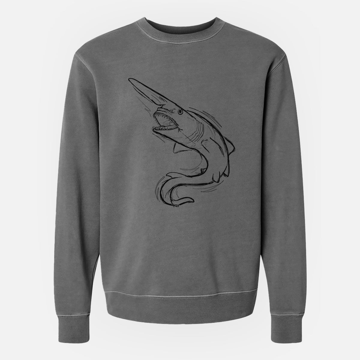 Faded black pigment dyed crewneck sweatshirt laid flat, printed with a black ink illustration of a goblin shark with its long snout, swimming in a curve.