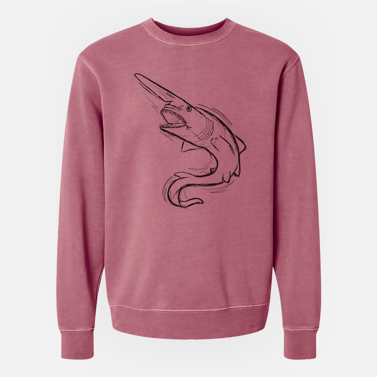 Maroon pigment dyed crewneck sweatshirt laid flat, printed with a black ink illustration of a goblin shark with its long snout, swimming in a curve.