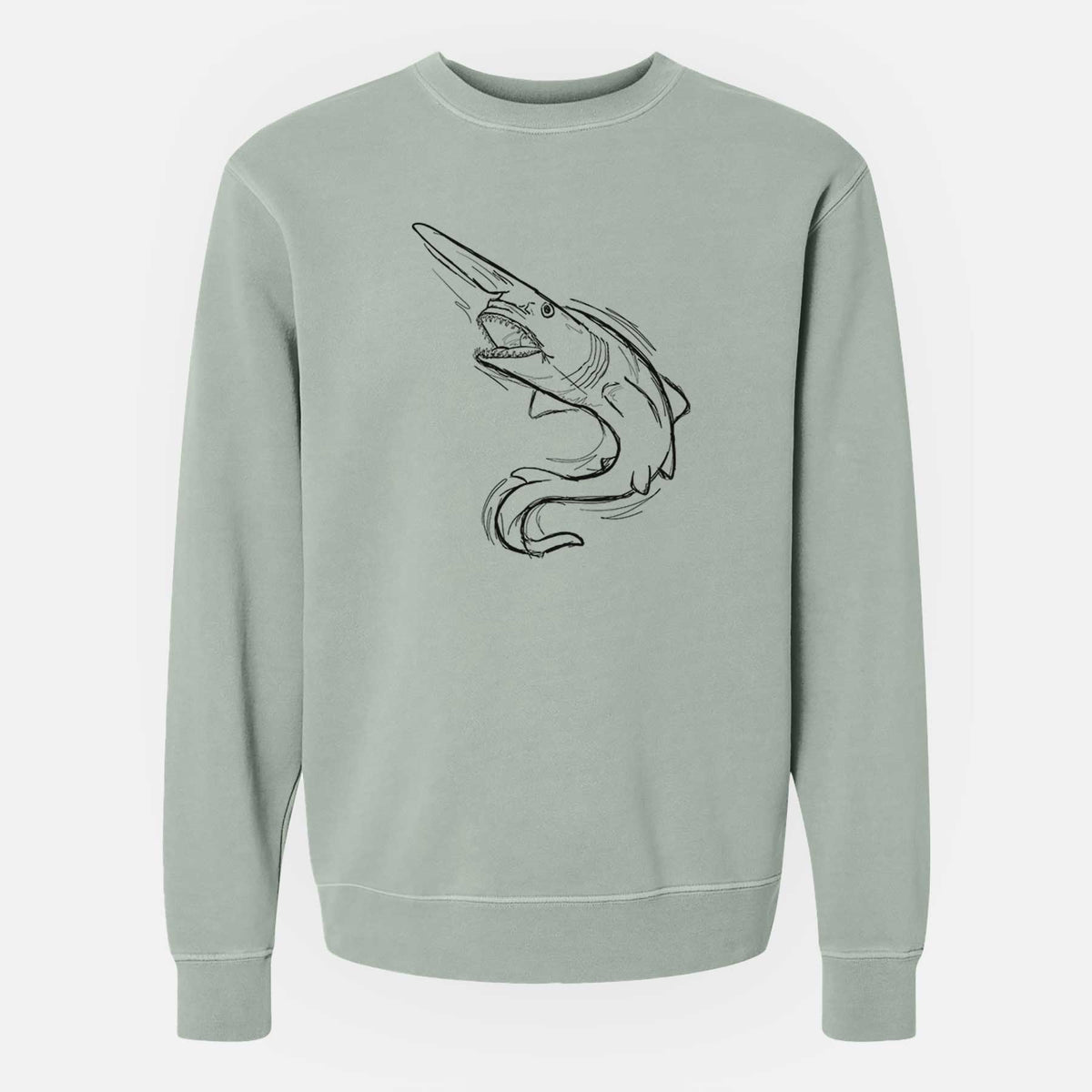 Sage green pigment dyed crewneck sweatshirt laid flat, printed with a black ink illustration of a goblin shark with its long snout, swimming in a curve.