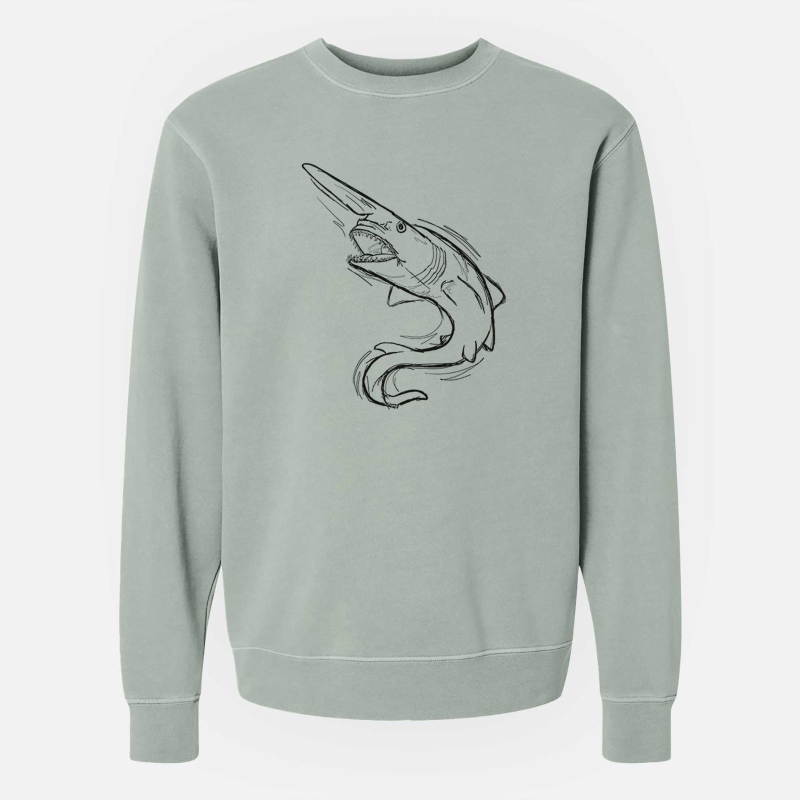 Sage green pigment dyed crewneck sweatshirt laid flat, printed with a black ink illustration of a goblin shark with its long snout, swimming in a curve.