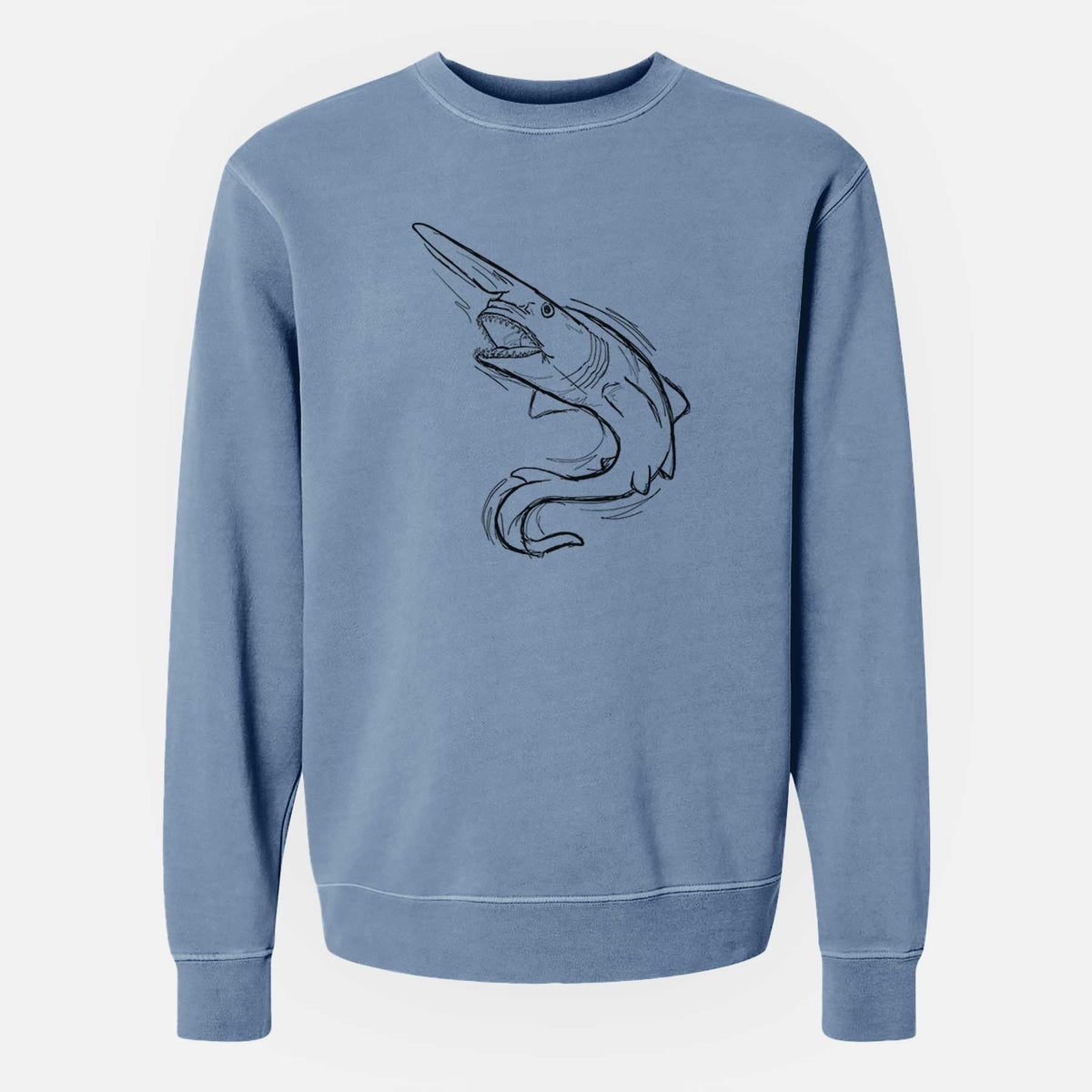 Slate blue pigment dyed crewneck sweatshirt laid flat, printed with a black ink illustration of a goblin shark with its long snout, swimming in a curve.