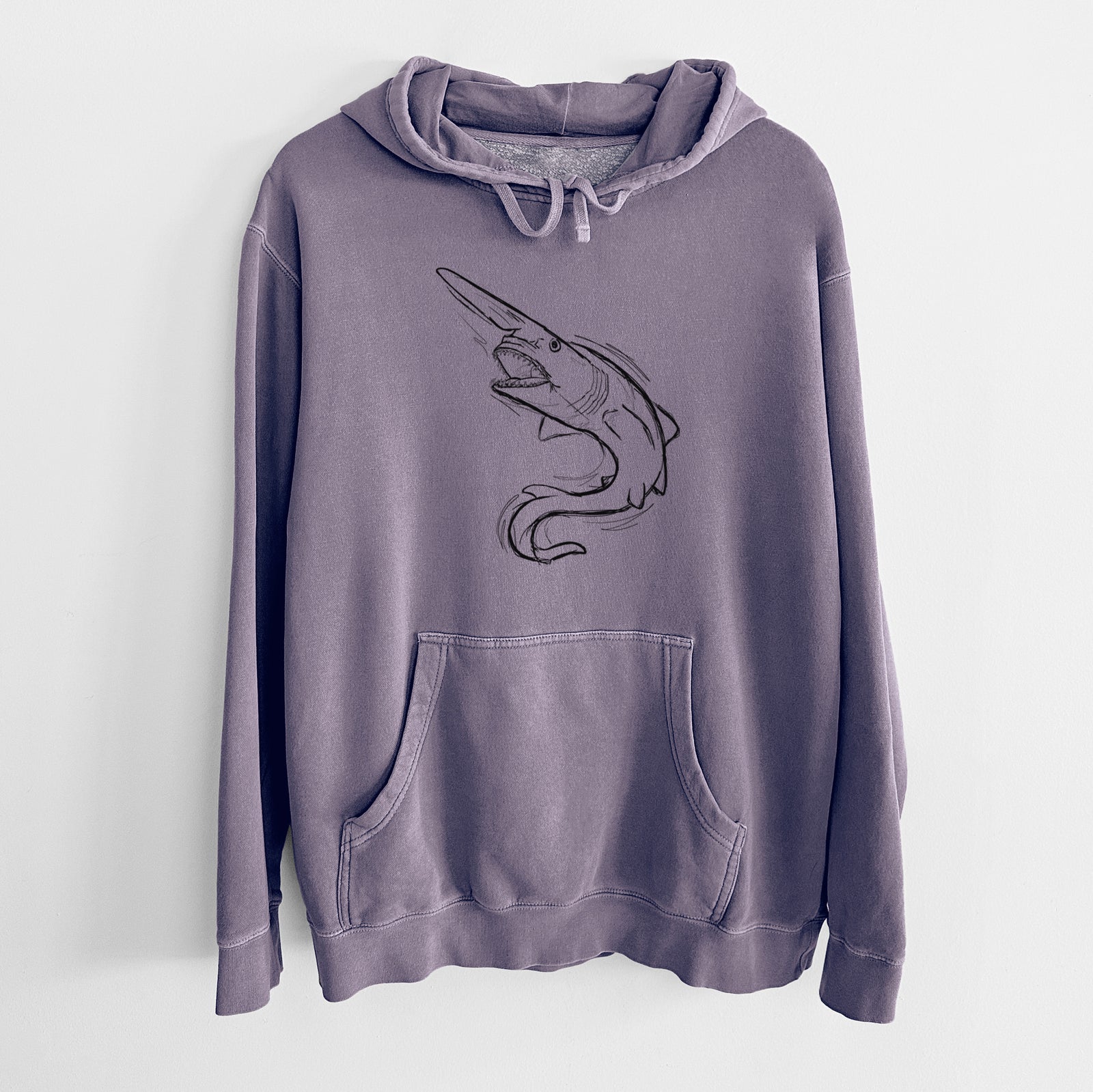Plum purple pigment dyed hoodie laid flat, printed with a black ink illustration of a goblin shark with its long snout, swimming in a curve.