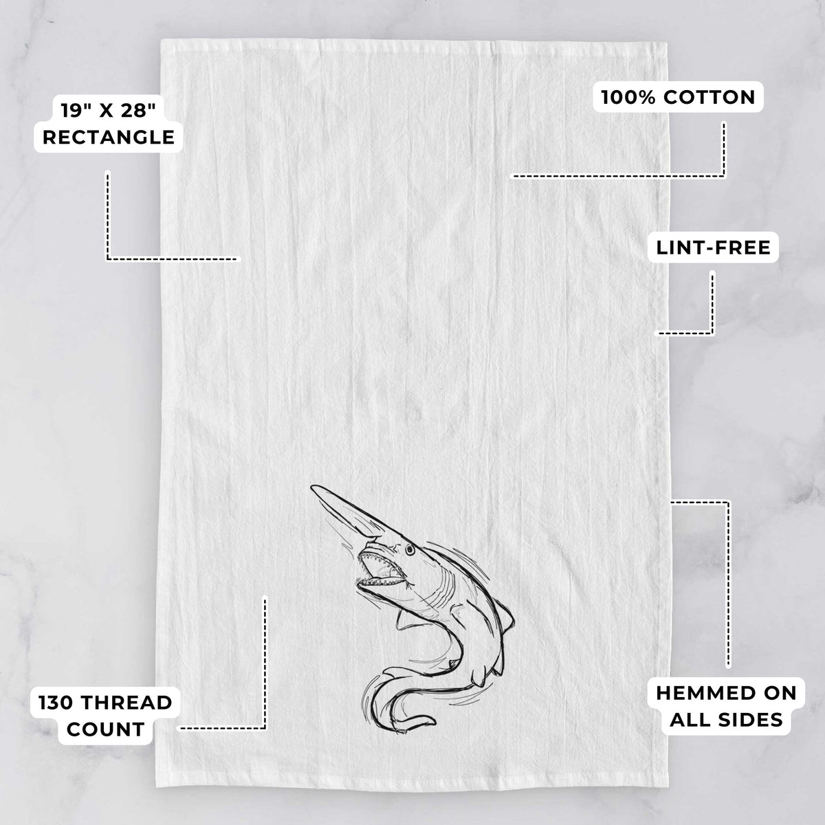 White tea towel printed with a black ink illustration of a goblin shark with its long snout, swimming in a curve, with feature labels: 19 by 28 inch rectangle, 100% cotton, lint-free, 130 thread count, hemmed on all sides.