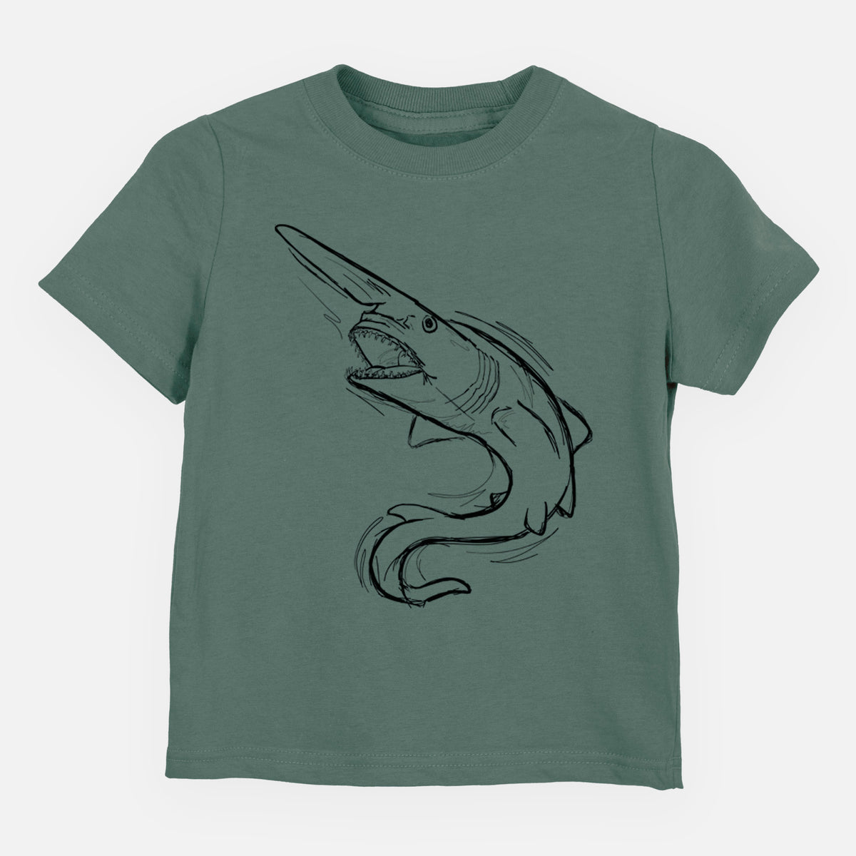 Basil green toddler t-shirt laid flat, printed with a black ink illustration of a goblin shark with its long snout, swimming in a curve.