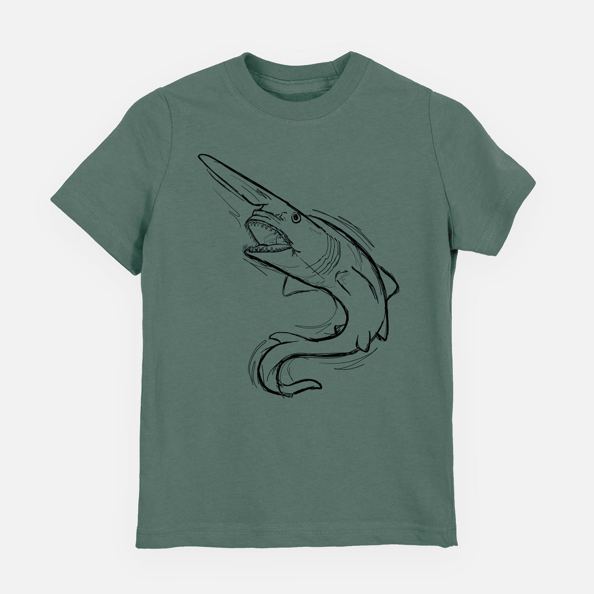 Basil green youth t-shirt laid flat, printed with a black ink illustration of a goblin shark with its long snout, swimming in a curve.