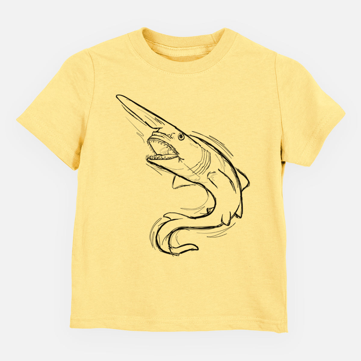 Butter yellow toddler t-shirt laid flat, printed with a black ink illustration of a goblin shark with its long snout, swimming in a curve.