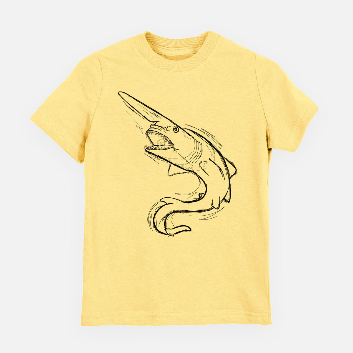 Butter yellow youth t-shirt laid flat, printed with a black ink illustration of a goblin shark with its long snout, swimming in a curve.