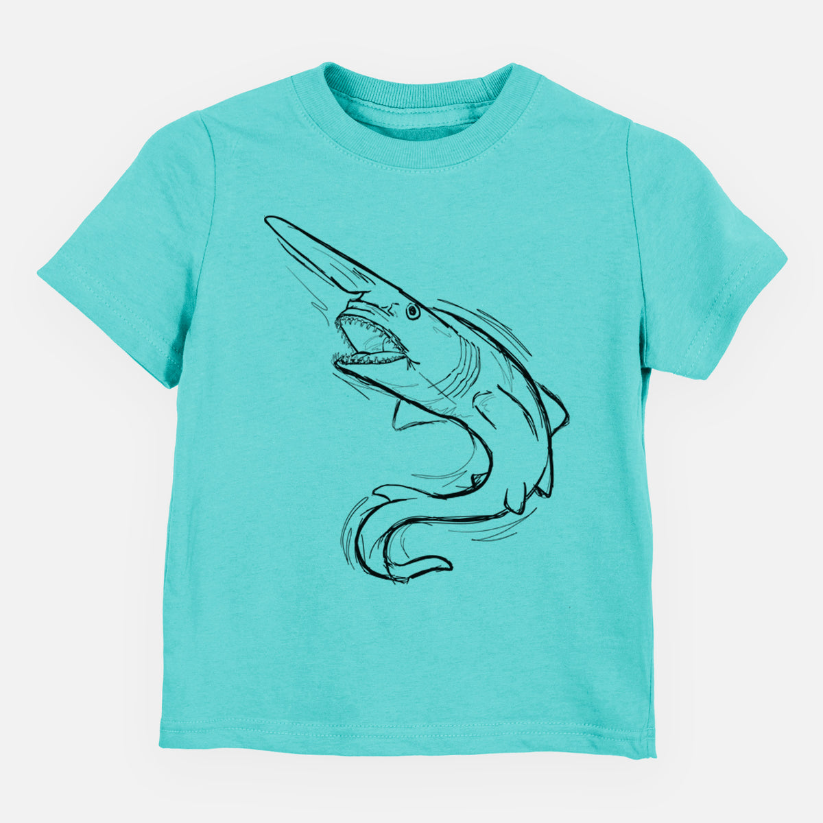 Caribbean blue toddler t-shirt laid flat, printed with a black ink illustration of a goblin shark with its long snout, swimming in a curve.