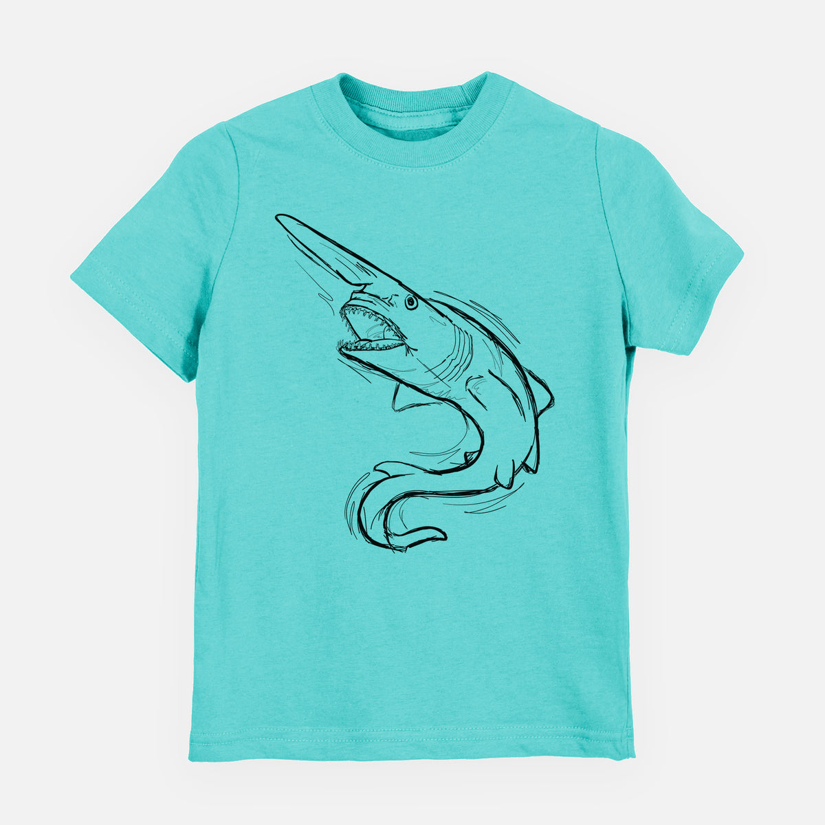 Caribbean blue youth t-shirt laid flat, printed with a black ink illustration of a goblin shark with its long snout, swimming in a curve.