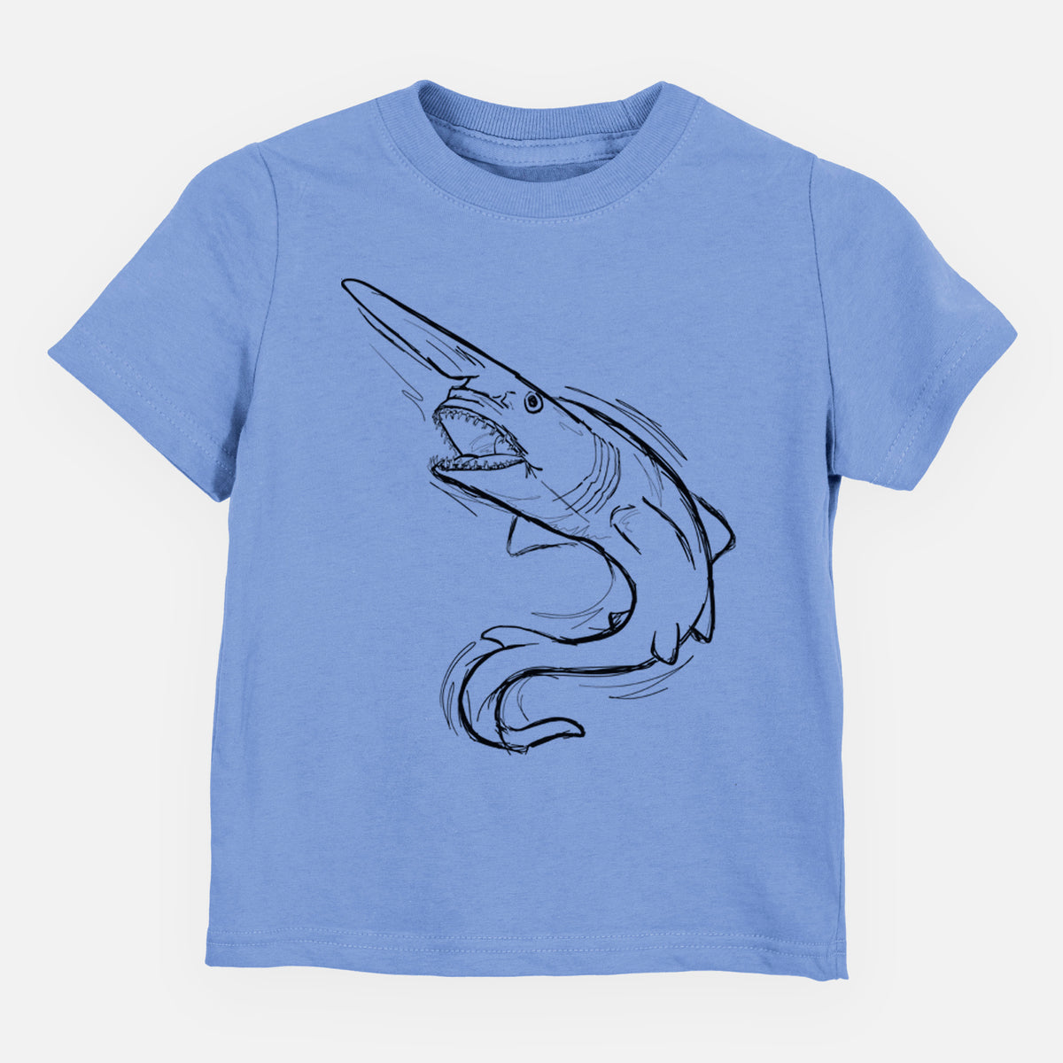 Carolina blue toddler t-shirt laid flat, printed with a black ink illustration of a goblin shark with its long snout, swimming in a curve.