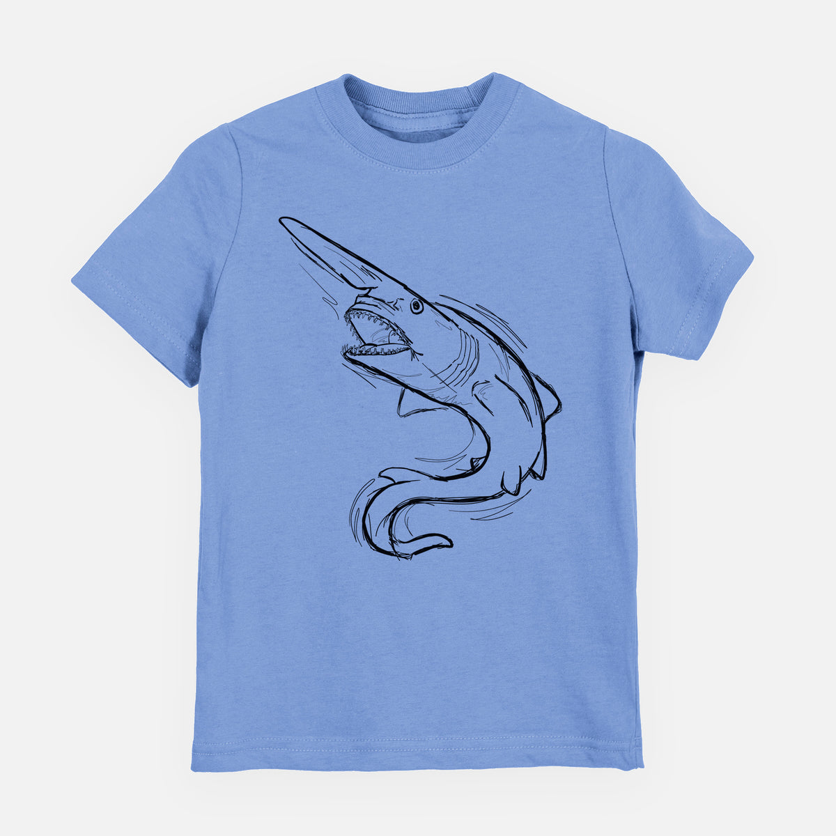 Carolina blue youth t-shirt laid flat, printed with a black ink illustration of a goblin shark with its long snout, swimming in a curve.