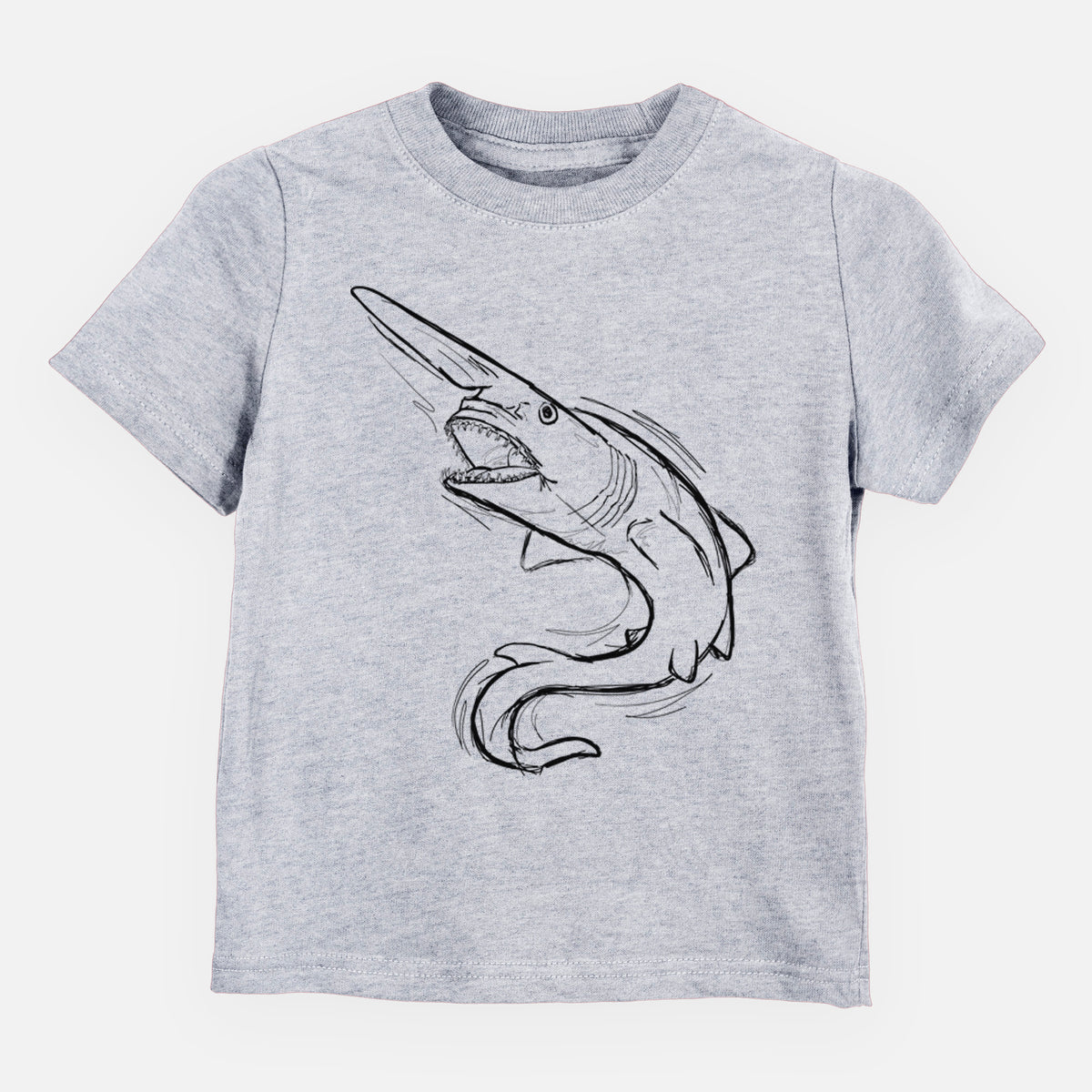 Heather grey toddler t-shirt laid flat, printed with a black ink illustration of a goblin shark with its long snout, swimming in a curve.