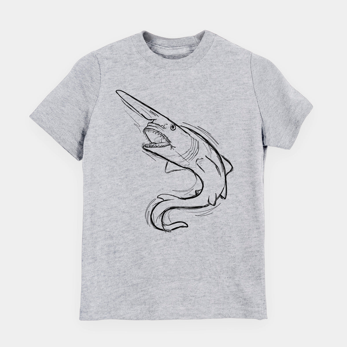 Heather grey youth t-shirt laid flat, printed with a black ink illustration of a goblin shark with its long snout, swimming in a curve.