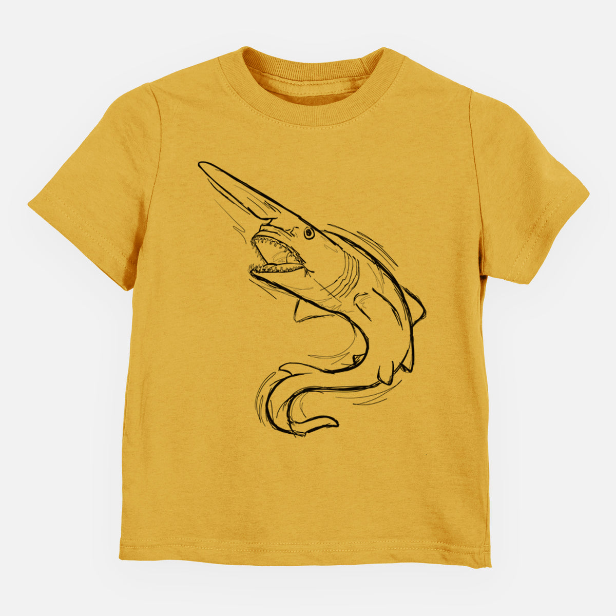 Honeycomb yellow toddler t-shirt laid flat, printed with a black ink illustration of a goblin shark with its long snout, swimming in a curve.