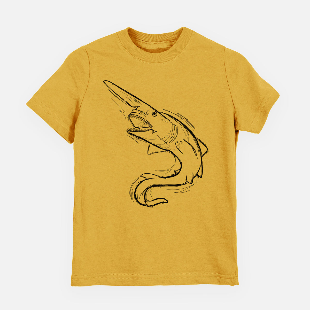 Honeycomb yellow youth t-shirt laid flat, printed with a black ink illustration of a goblin shark with its long snout, swimming in a curve.