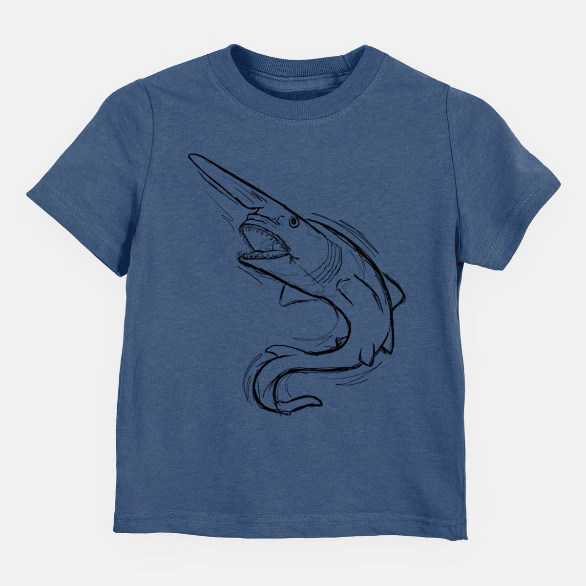 Indigo blue toddler t-shirt laid flat, printed with a black ink illustration of a goblin shark with its long snout, swimming in a curve.