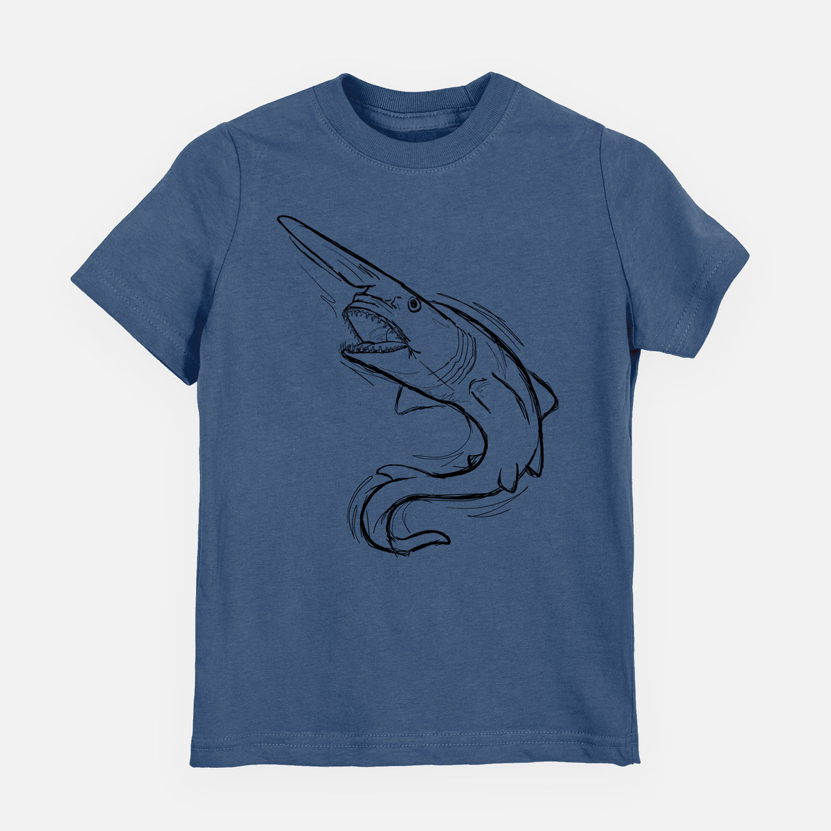 Indigo blue youth t-shirt laid flat, printed with a black ink illustration of a goblin shark with its long snout, swimming in a curve.