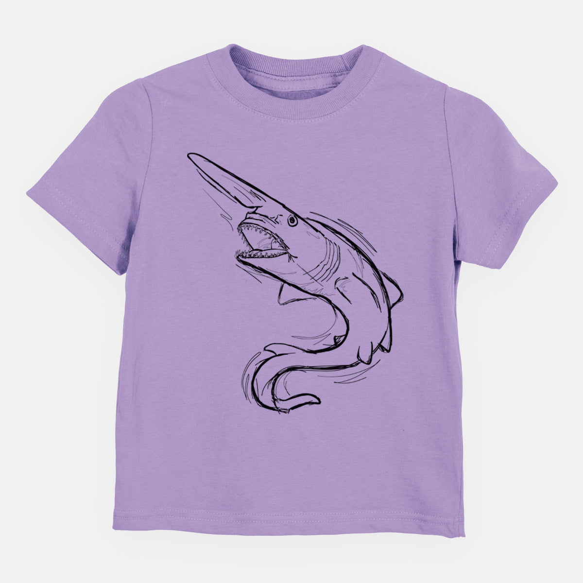 Lavender toddler t-shirt laid flat, printed with a black ink illustration of a goblin shark with its long snout, swimming in a curve.