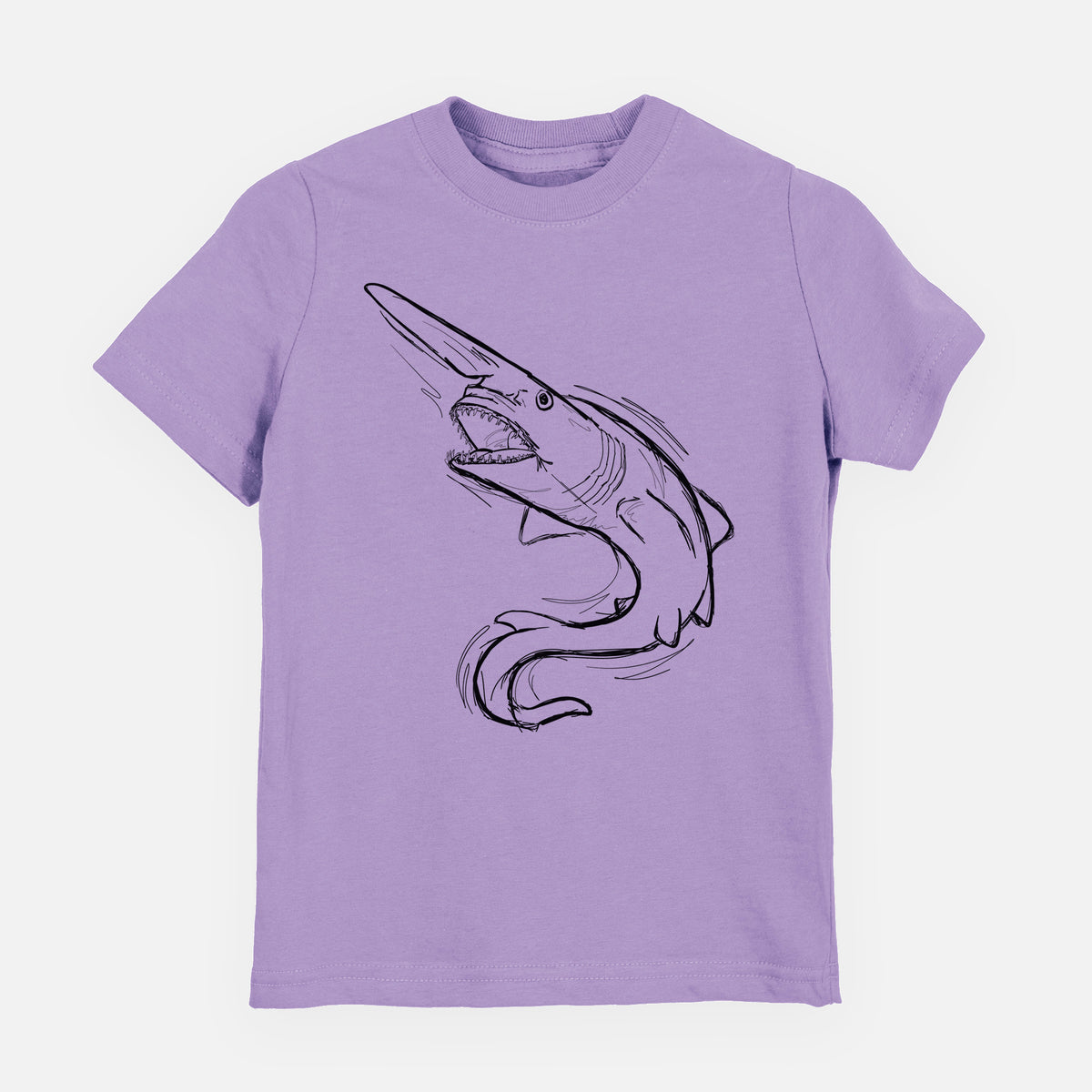 Lavender youth t-shirt laid flat, printed with a black ink illustration of a goblin shark with its long snout, swimming in a curve.