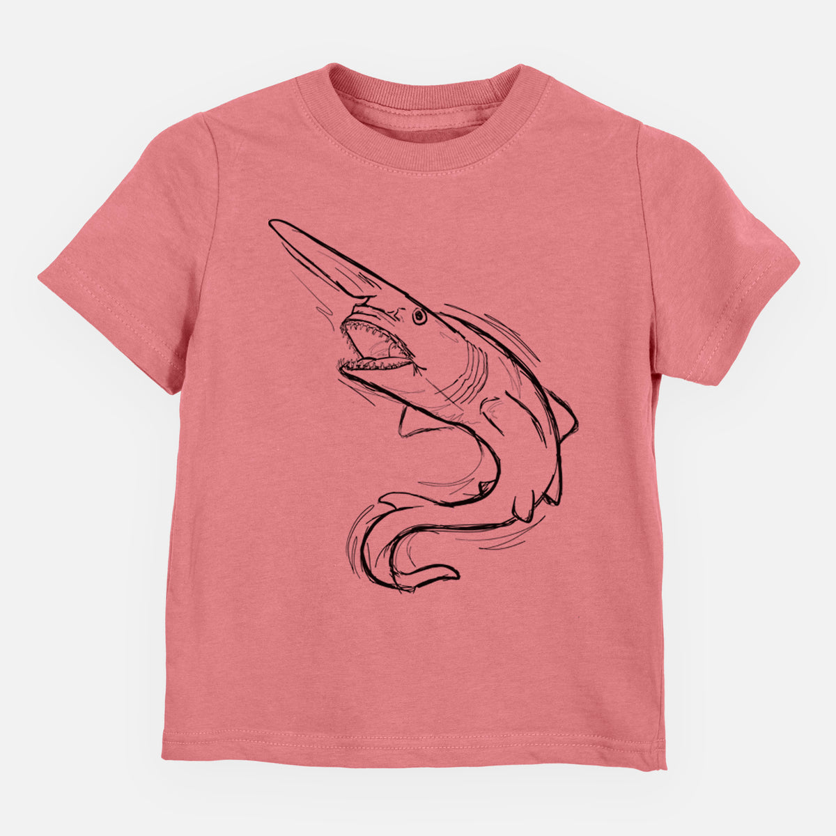 Mauve pink toddler t-shirt laid flat, printed with a black ink illustration of a goblin shark with its long snout, swimming in a curve.