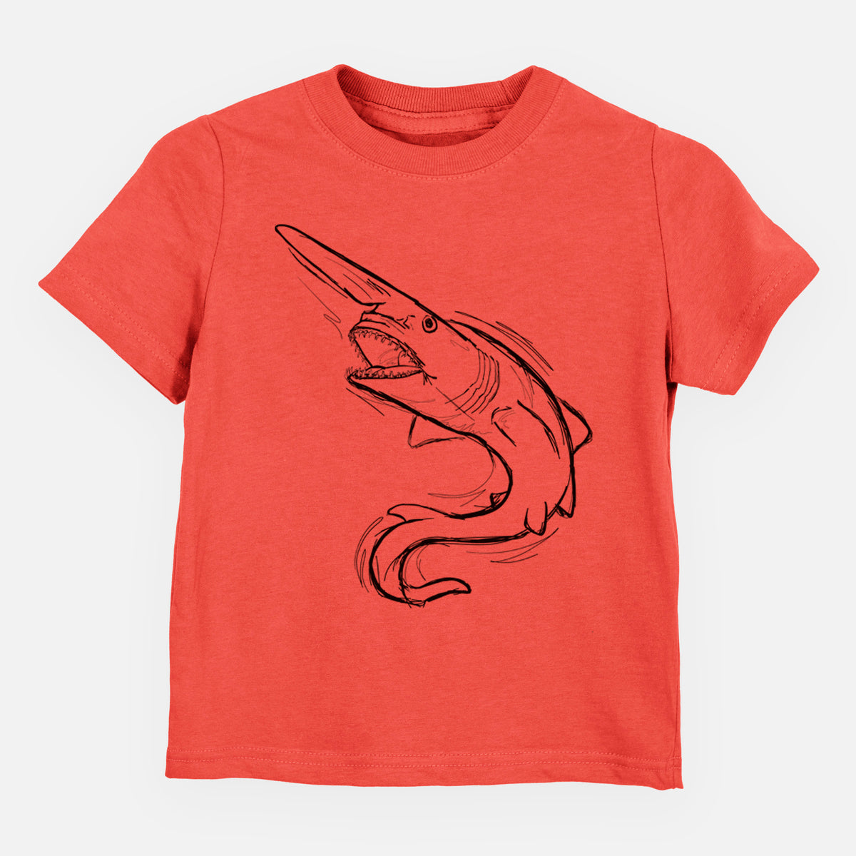 Passionfruit pink toddler t-shirt laid flat, printed with a black ink illustration of a goblin shark with its long snout, swimming in a curve.