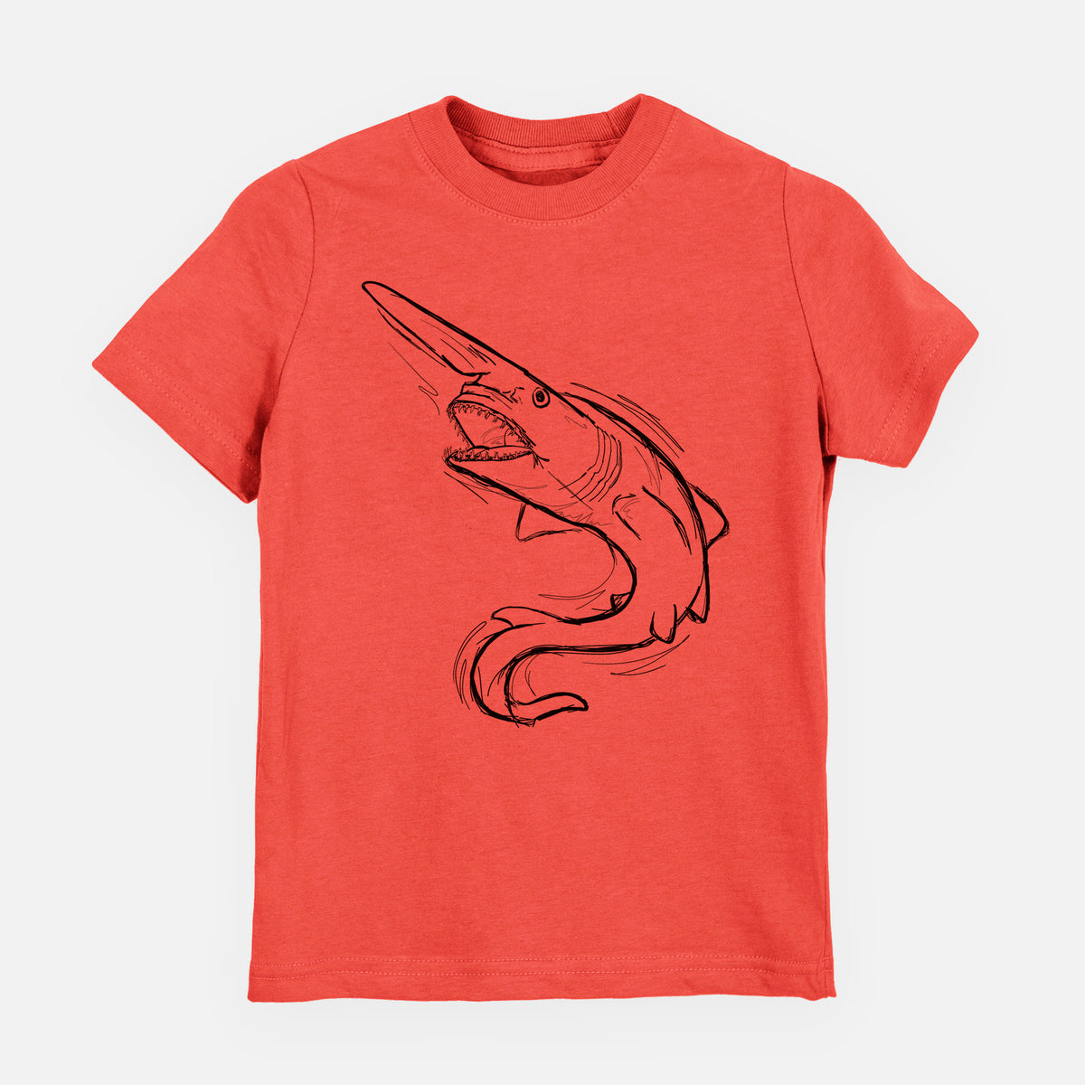 Passionfruit pink youth t-shirt laid flat, printed with a black ink illustration of a goblin shark with its long snout, swimming in a curve.