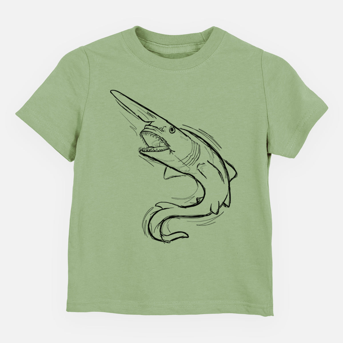 Sage green toddler t-shirt laid flat, printed with a black ink illustration of a goblin shark with its long snout, swimming in a curve.