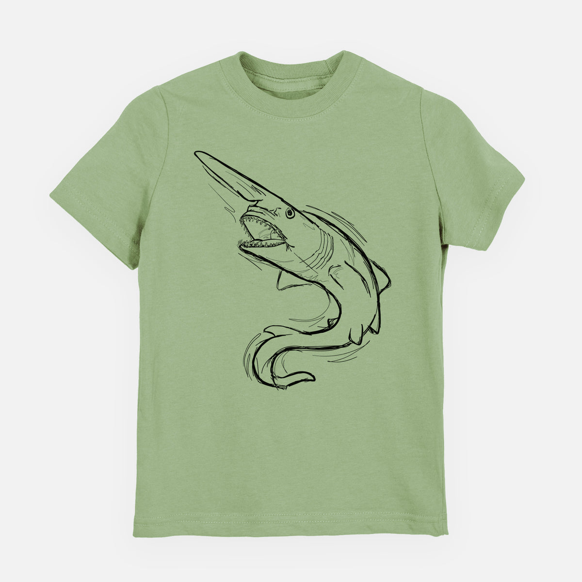 Sage green youth t-shirt laid flat, printed with a black ink illustration of a goblin shark with its long snout, swimming in a curve.