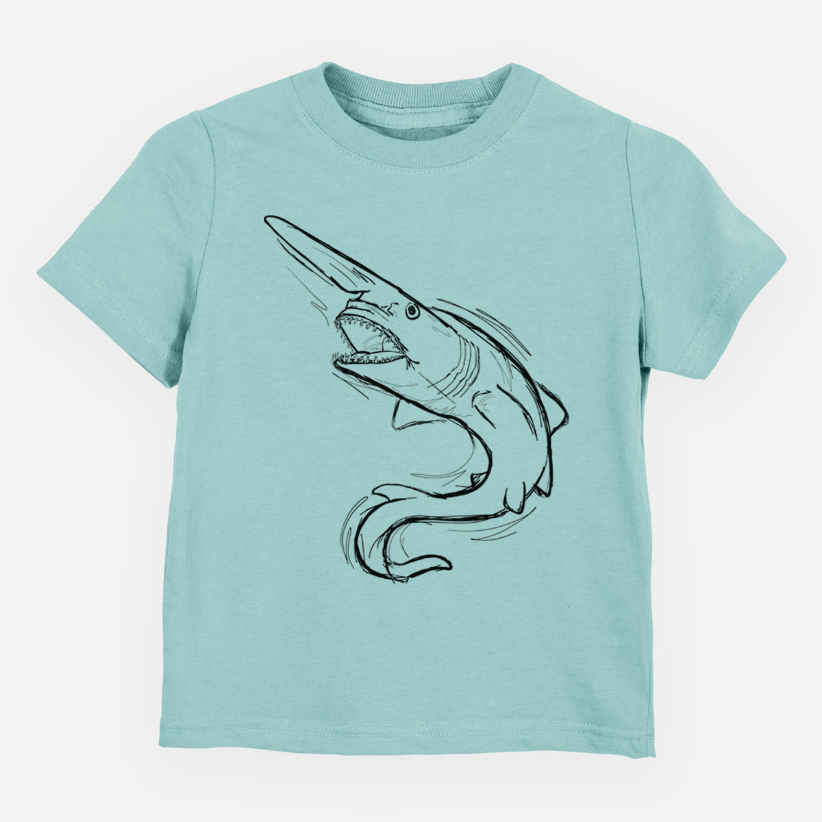 Saltwater toddler t-shirt laid flat, printed with a black ink illustration of a goblin shark with its long snout, swimming in a curve.